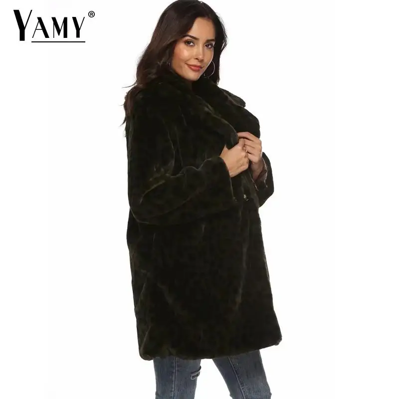 Зимнее плотное теплое зеленое меховое пальто для женщин, длинное пальто, модная меховая куртка с леопардовым принтом, плюшевое пальто с длинным рукавом, верхняя одежда размера плюс