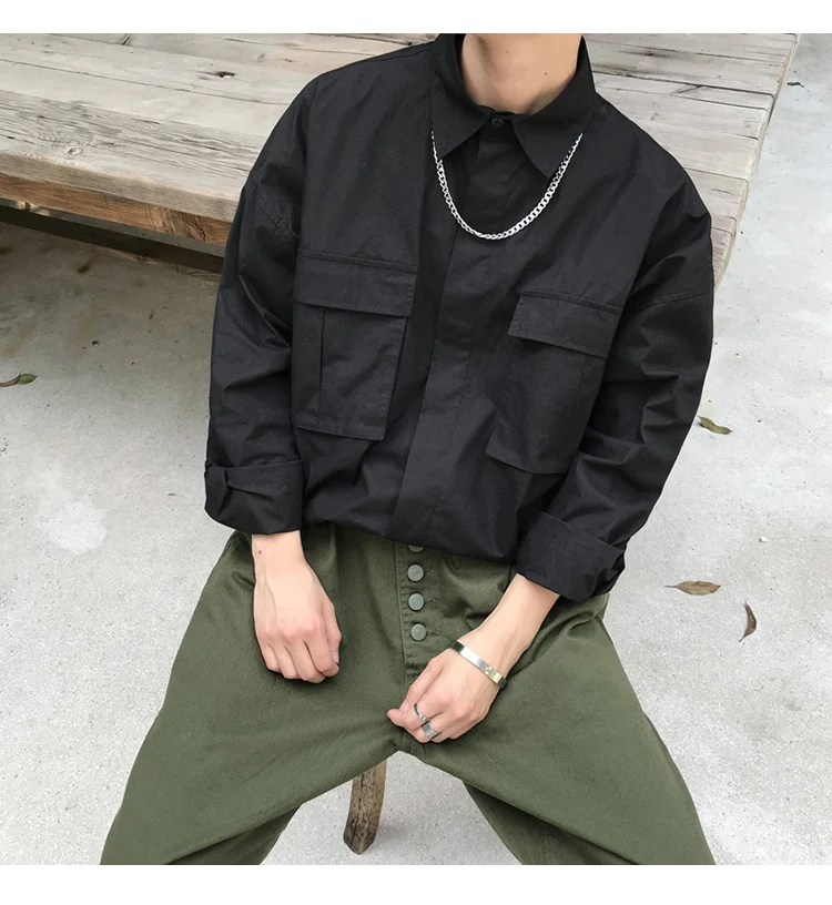 Разборчивые мужские рубашки с длинным рукавом мужские с карманами Карго дизайнерские рубашки мужская Японская уличная одежда черная Повседневная Свободная одежда
