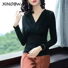 Европа Новинка Осень Женская высокая уличная мода Сексуальная v-образный вырез длинный рукав тонкий под черный женские рубашки-топы Элегантная футболка хит