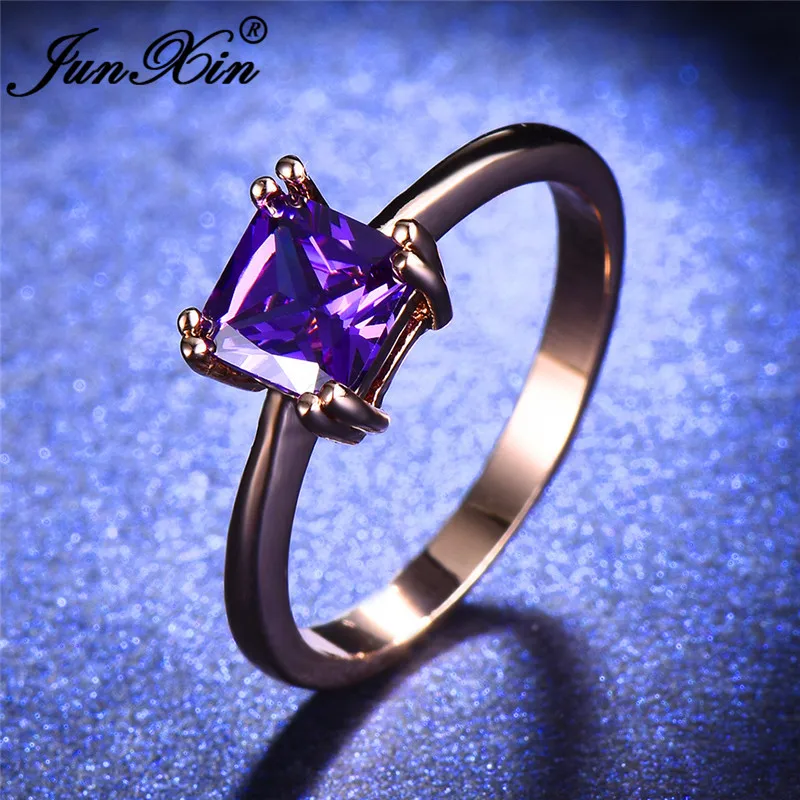 JUNXIN Rainbow Fire Birthstone Square Thin Rings For Women Rose Gold Filled Purple White Champagne Zircon Wedding Ring Female CZ