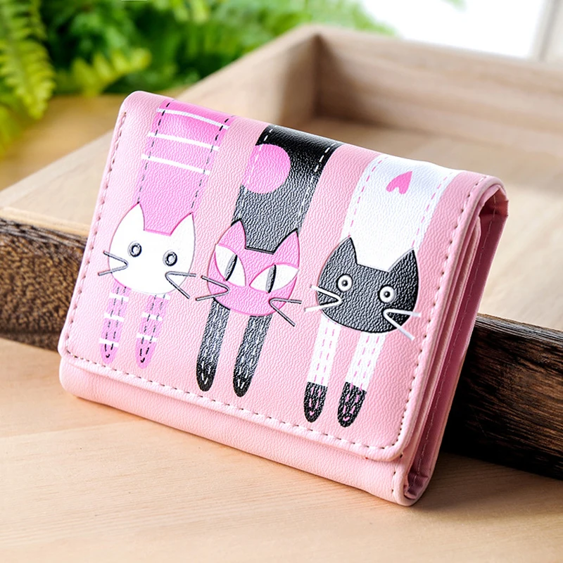 

A woman's purse cute wallet cat print 3 fold mini card holder wallet leather purse girl zipper multiple id new brand high-end wa