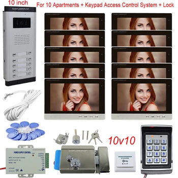 

Wired Videophone 10 Units 10" Color Monitor Ring Video Doorbell With Lock + Access Control System Rifd Password Unlock Intercoms