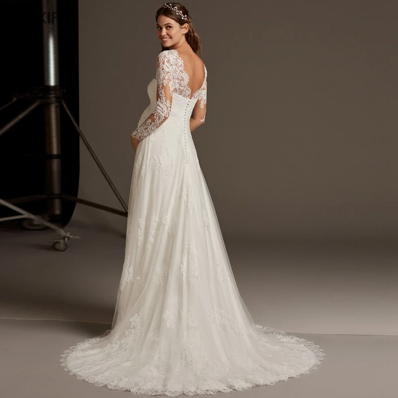 

2019 VNXIFM New Mermaid women pregnant Wedding Dresses O Neck Long Sleeves Sexy Backless Robe Court Train Plus Size Bridal Gowns