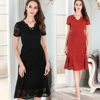 

Summer Ladies plus size elegant Lace Dress pinched waist mermaid dress V neck beautiful party dress cultivating vestidos XXXXXL