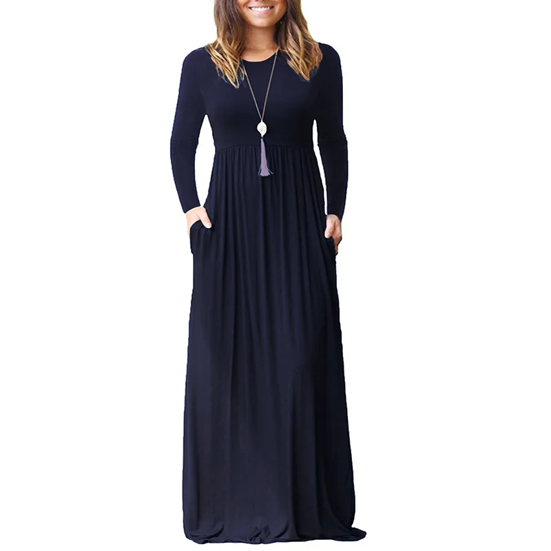 Women Long Sleeve Loose Plain Maxi Dresses Casual Long Dresses With ...