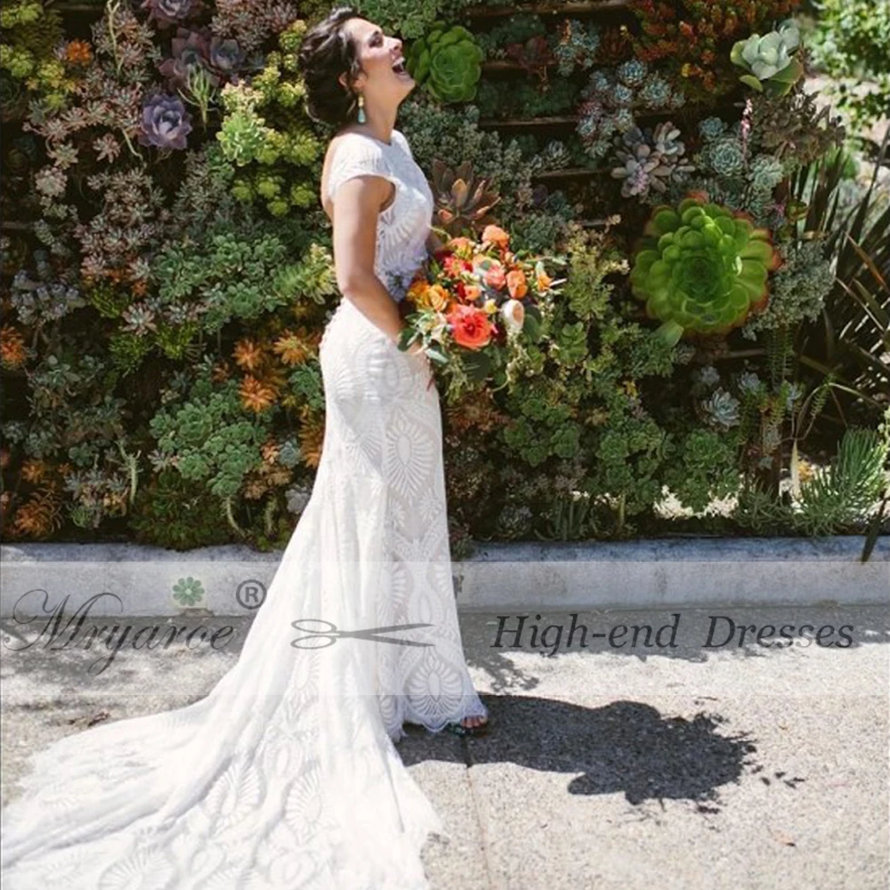 Mryarce Unique Lace Bohemian Wedding Dress With Cap Sleeves Open Back Mermaid Boho Bridal Gowns  (3)