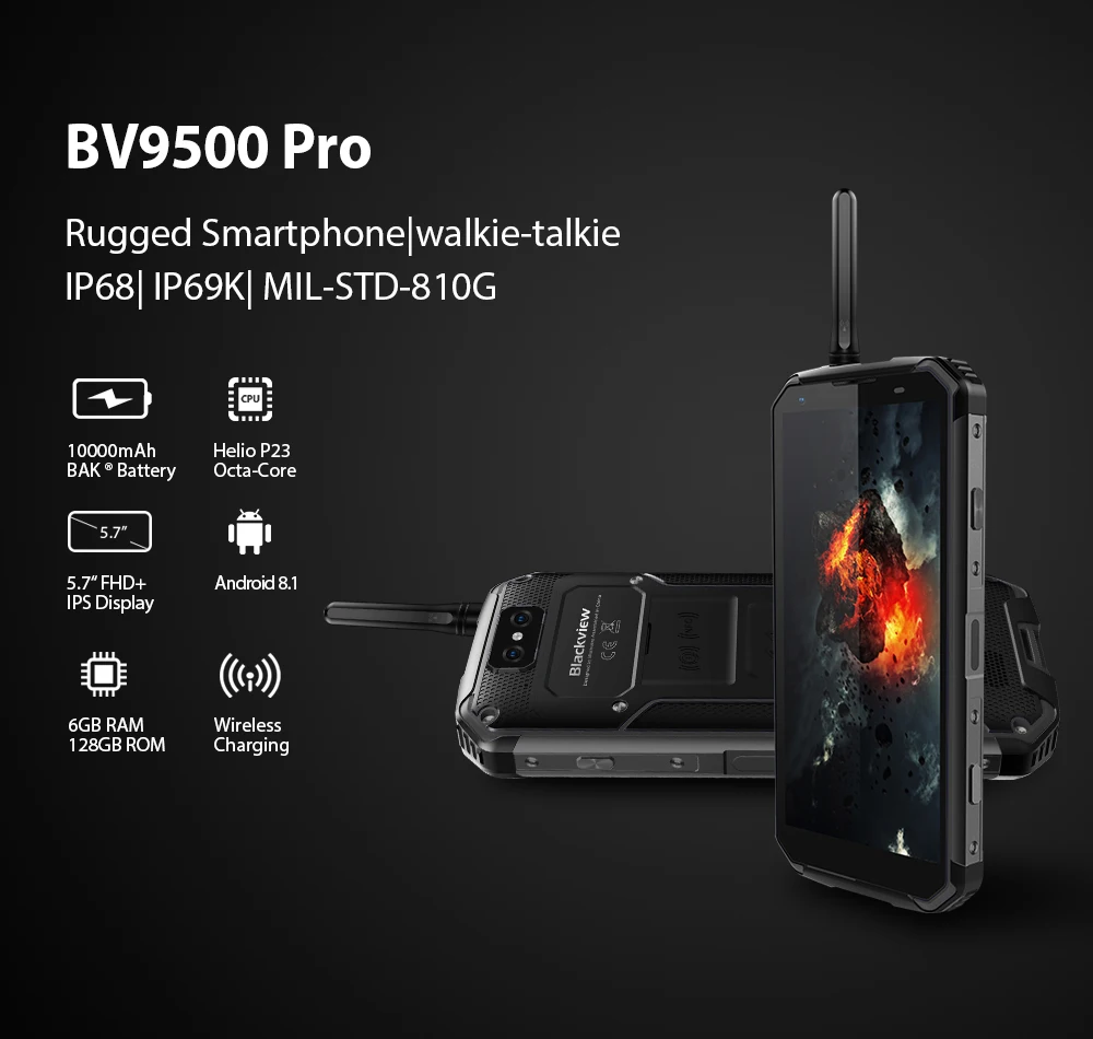 BLACKVIEW BV9500 Pro IP69K рация 5," 18:9 FHD Смартфон Android 8,1 6+ 128 ГБ 10000 мАч Беспроводная зарядка для мобильного телефона NFC