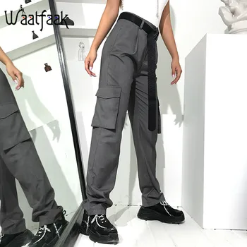 

Waatfaak Gray Casual Straight Pants Women Full Length Pockets Office Ladies Sweat Pants Loose Summer High Waist Trousers Clothes