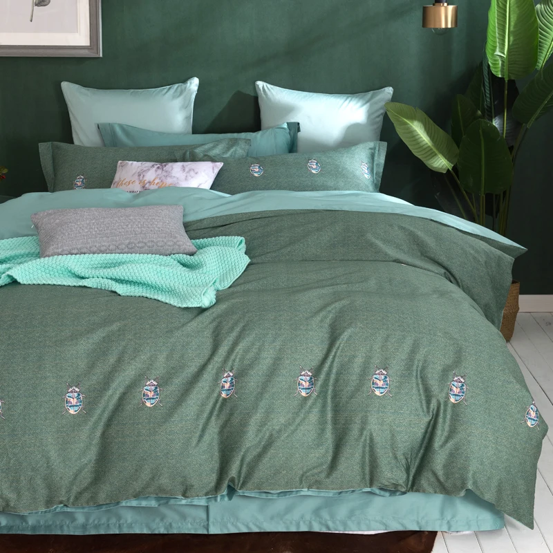font b Cute b font Bugs Dark Green Bedding Set Queen King Size 4Pcs Egyptian