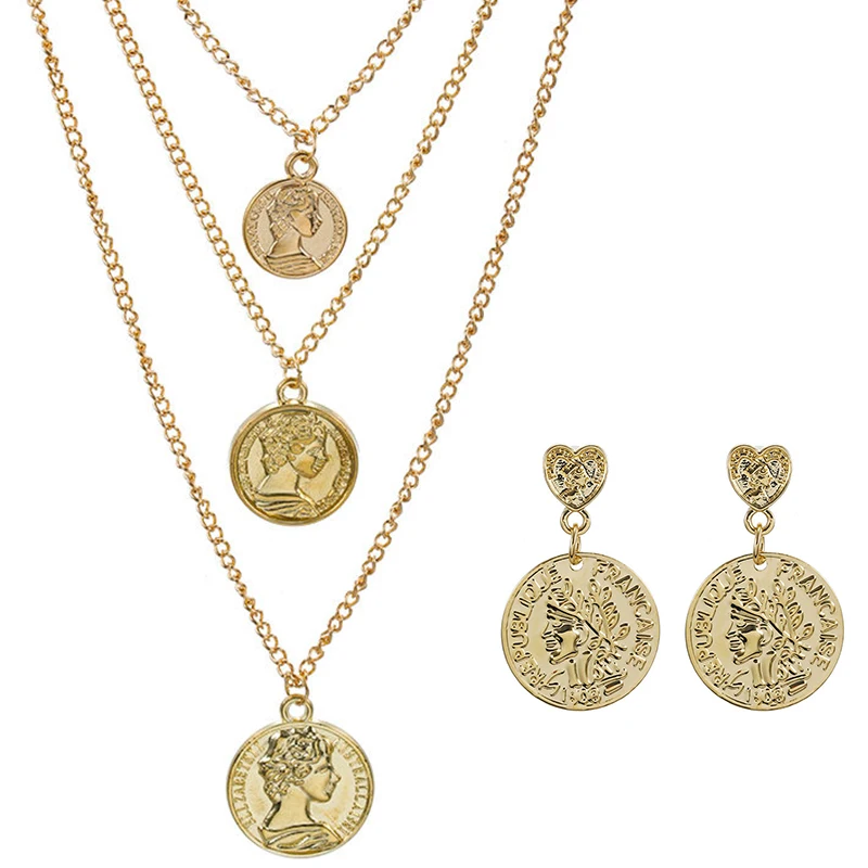 

New Vintage Jewelry Sets Simple Charms Choker Necklace Women Rose Flower Angel Rune Coin Pendant Necklace Earrings Jewelry NE+EA