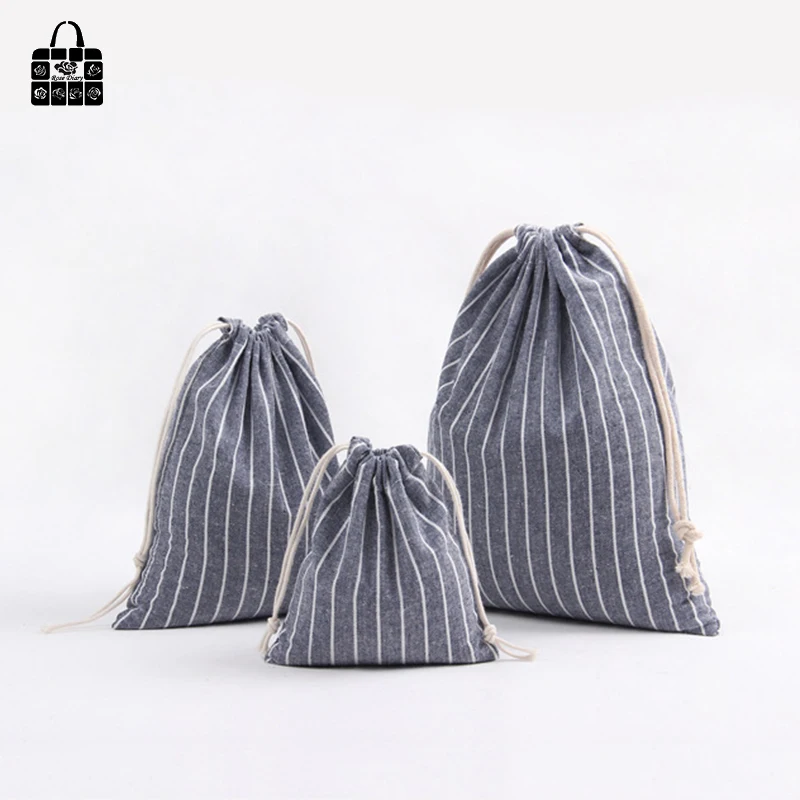 Rose Diary Simple Striped Pocket 100% Cotton Linen Pouch Travel Clothing Bunch Bag Portable Drawstring Pocket Organizers Bag