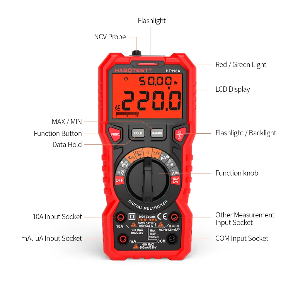 Цифровой мультиметр HABOTEST HT118A с автоматическим диапазоном, мультиметр, 6000 отсчетов, истинное среднеквадратичное значение, измерение напряжения, тока, сопротивления, емкости