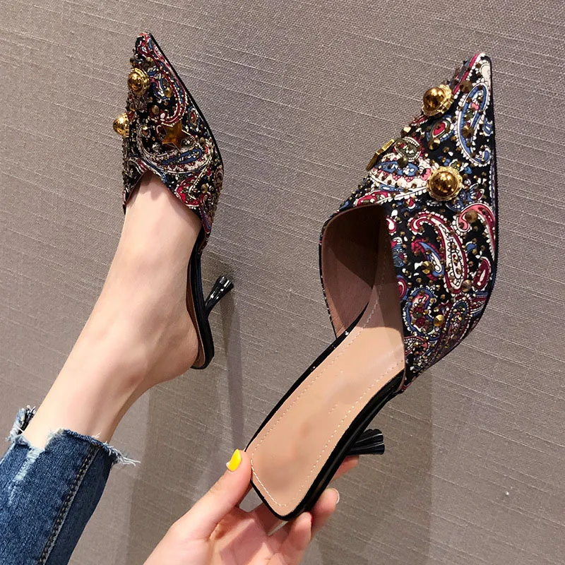 Retro pointed slippers women summer rivet water drill high heel slipper Muller shoes women slippers luxury shoes women designers Retro pointed slippers women summer rivet water drill high heel slipper Muller shoes women slippers luxury shoes women designers