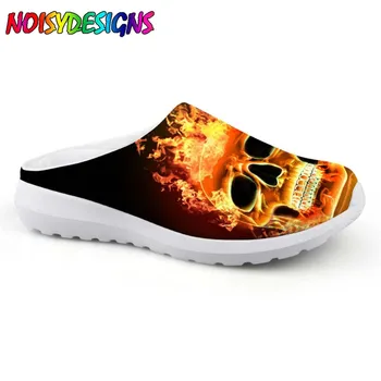 

Noisydesigns Women Beach Sandals Fire Flame Skull Print Water Shoes House Slippers Mesh Slip-on Light Flat Loafers
