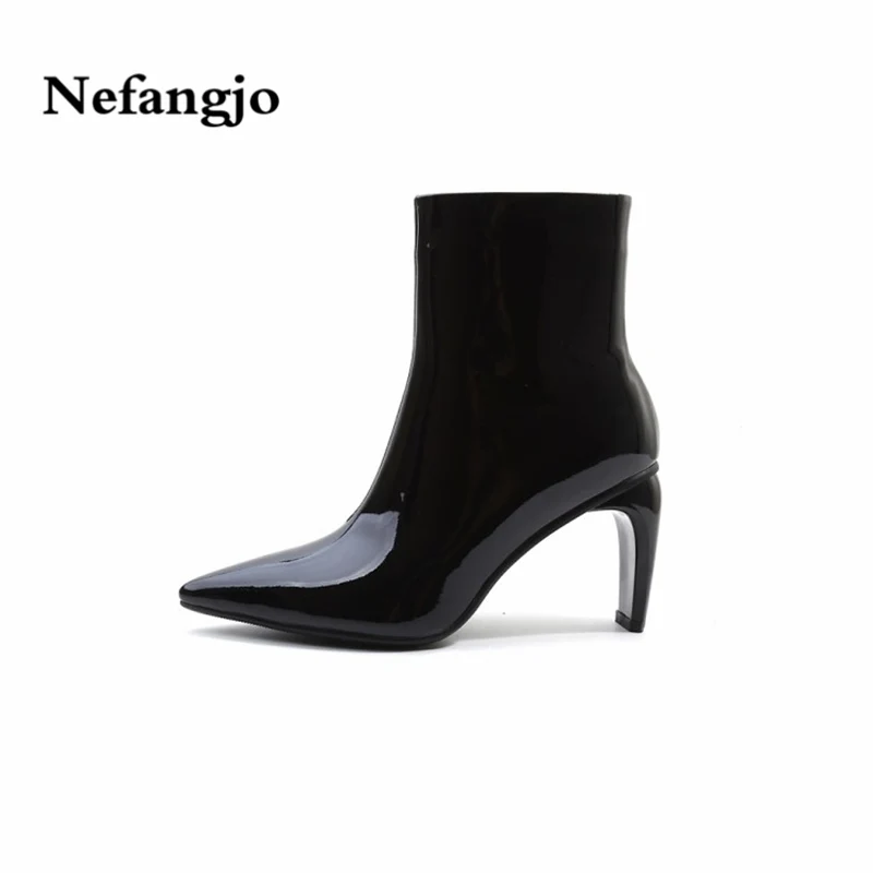

Nefangjo's new slim heel high-heeled shoes in autumn and winter 2018, big size zipper, real leather boots, short boots, fashion