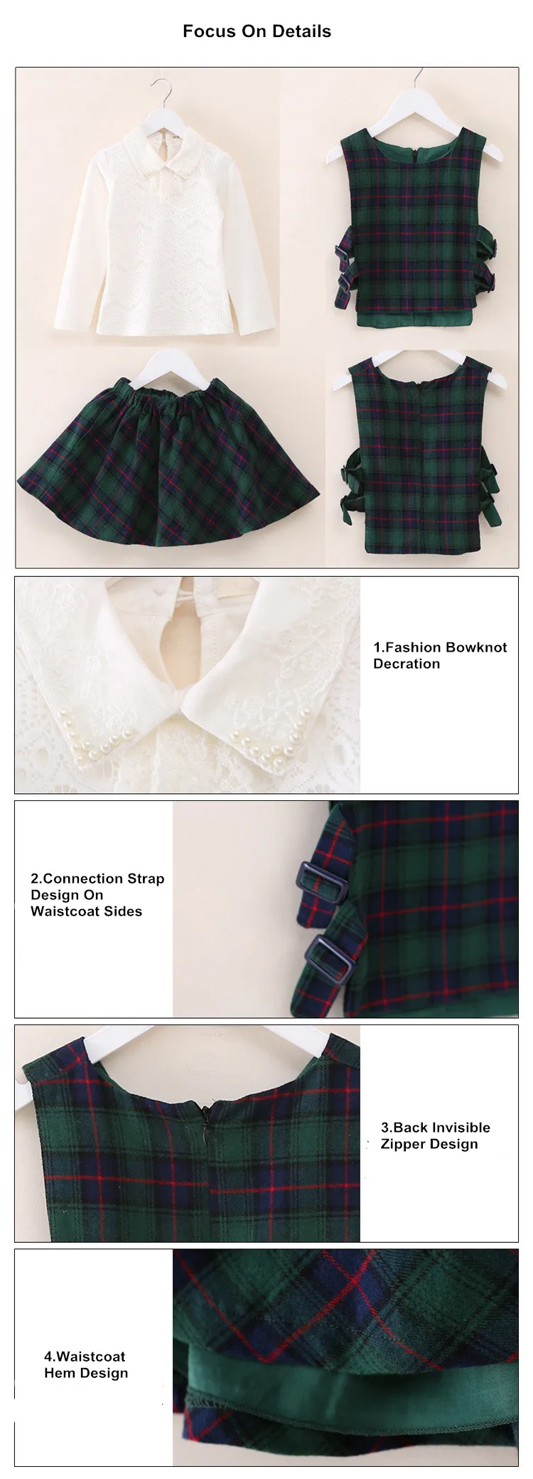 Girls White Shirt Plaid Waistcoat Skirts 3PCS Suit 3