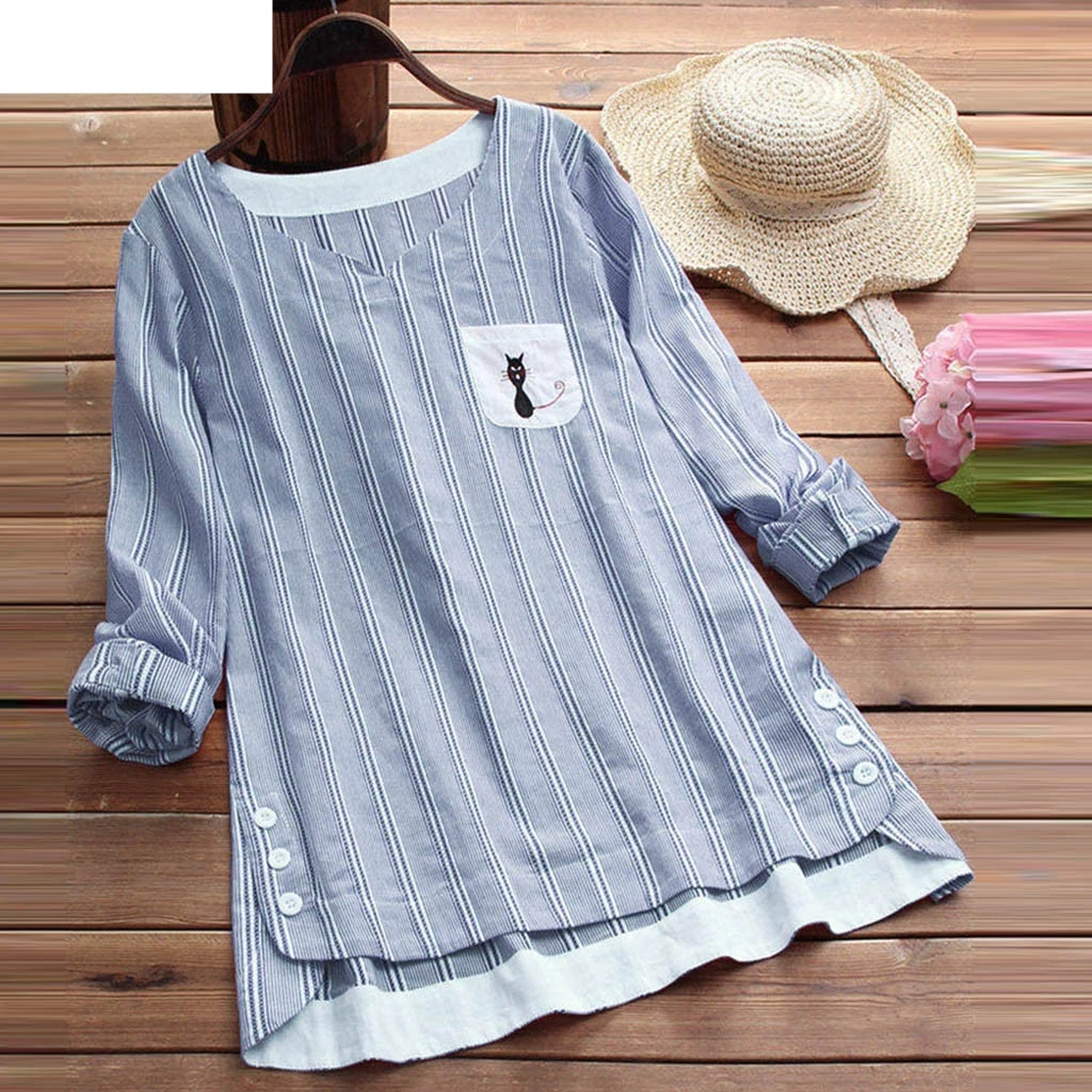 JAYCOSIN 2019  Fashion Women Ladies Striped T-Shirt  Cat Embroidery T-Shirt Long Sleevel Tops   Dropshiping 19JUN8