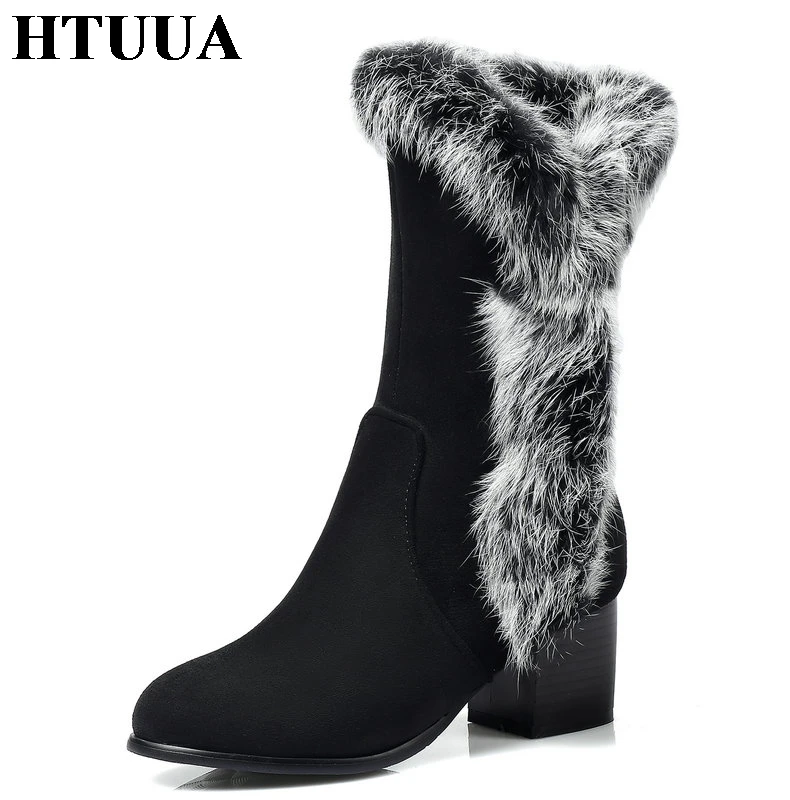 

HTUUA Plus Size 34-45 Short Ankle Boots for Women Winter Boots Fashion Fur Plush Warm Snow Boots High Heels Ladies Shoes SX1397