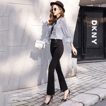 

2018 Autumn new Women's pants Nine pants Casual pants Suit Split Lace Stitching Lace Micro Bell Bottom pants Size S-XL XXL
