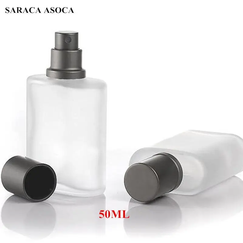 

50ml Silver Gray Cap Flat Style Frosted Semi Clear Glass Spray Perfume Bottle Glass Automizer Refillable Bottles Big Capacity