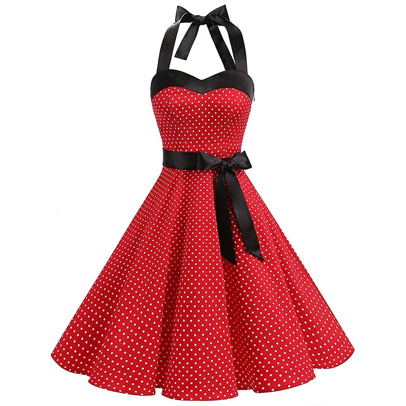Kostlich Summer Dot Dress Sexy Halter Backless Women Vintage Dress Swing Elegant Party Dresses Plus Size Sashes With Bow Tie (14)