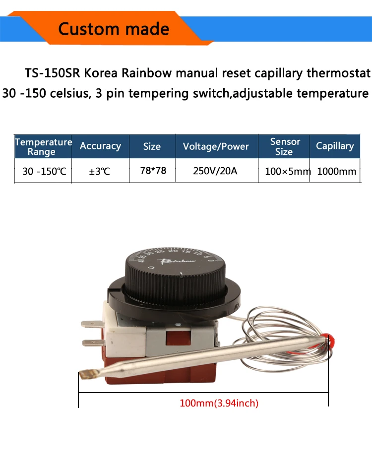 TS-150SR Корея Радуга ручной сброс капиллярный термостат 30-150 по Цельсию 3-pin отпускной Переключатель Регулируемая Температура
