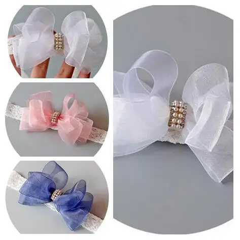

Free Shipping 100pcs/lot Organza Hairbow with Lace Elastic Band with Pearl