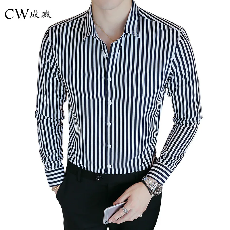 2018 Men's Contrast Vertical Striped Dress Shirts High quality
