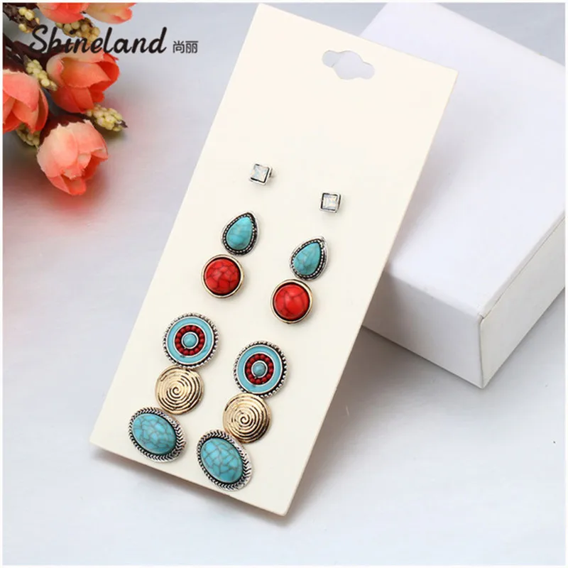 

Shineland 6 Pairs Vintage Silver Gold-color Stud Earring Set Water Drop Oval Enamel Resin Stone Earring For Women Gifts Hot