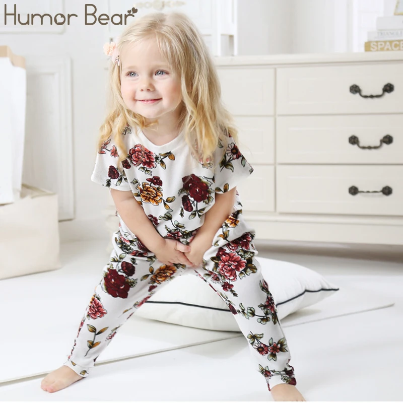 فكاهة الدب طفل الفتيات الملابس مجموعات 2019 الصيف نقطة زهرة فتاة قصيرة الأكمام قمم قمصان + السراويل الطويلة الاطفال الأطفال في ملابس رسمية