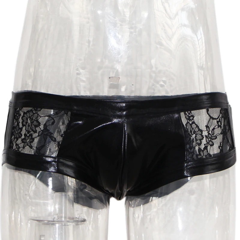 Men Vinyl Underwear Lingerie Sexy Low Waist Lace Patchwork Briefs Underpants Breathable Erotic Fetish Mens Sex Leather Briefs