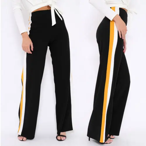 Женские брюки с полосками черный белый плюс размер женские осенние свободные высокая талия широкие расклешенные брюки