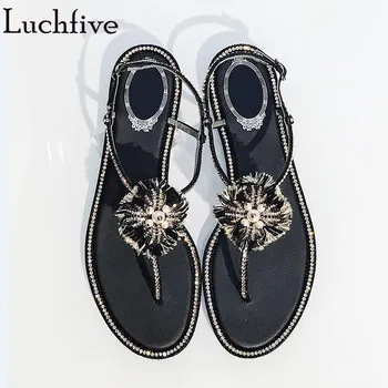 

Hot Split Toe Fringe Black Sandals Crystal Summer Flats Beige Ankle Buckle Strap Shoes Woman Runaway Buty Damskie Letnie