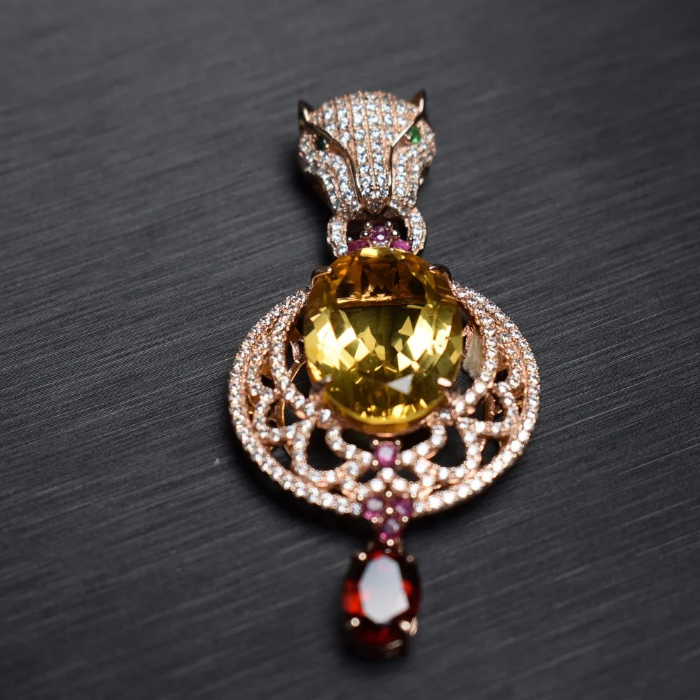 

Fine Jewelry S925 solid sterling silver Natural Citrine Gemstone Female Pendant Necklace Leopards women fine pendant neckalces
