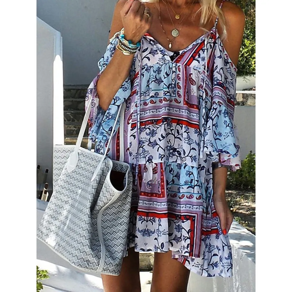 

Women's Fashion Summer New Bohemia Sleeveless Spaghetti Strap Floral Print Casual Beach Maxi Long Dresses Female Boho Style #3P