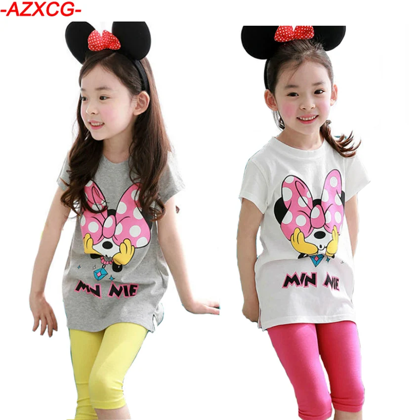 

New 2018 Girls Minnie Clothes Set Kids Summer 2Pcs Short -Sleeve T-Shirt + Solid Leggingst Suit Set Girls Tracksuit Clothing