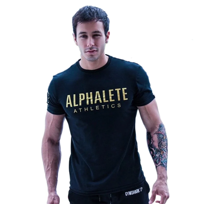 ALPHALETE New Brand round neck T shirts Men Bodybuilding Slim fit T