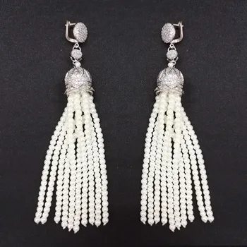 

Boho Cz Zircon Crown Hat Connector Charms Long Dangle 10 Rows White Pearl Beaded Tassel Earring For Women Wedding Jewelry