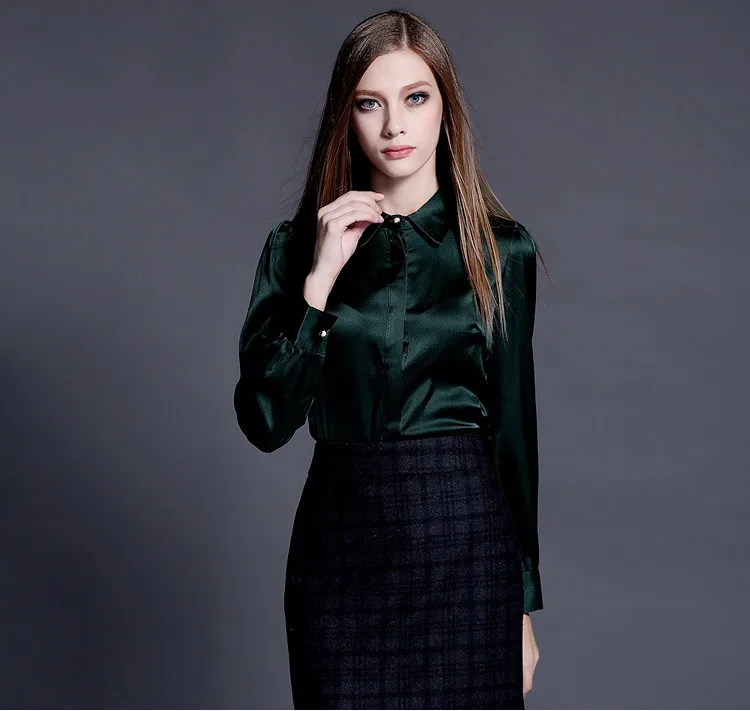 AYUNSUE женские модные блузки Весна 97% шелковая блузка женские рубашки с длинным рукавом Женские топы размера плюс 4XL blusas 15209AAA - Цвет: Dark green