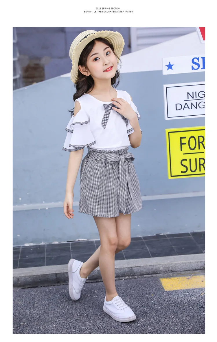 New Casual Teenage Girls Clothing Summer Fashion Bow Ruffle Sleeve Shirt Plaid Shorts Kids Clothes Set 2pcs Korean Children Suit (6)