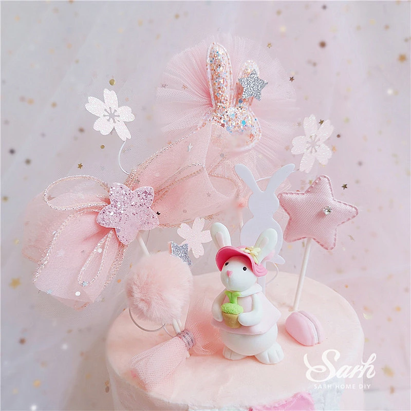 

Ins Mesh Rabbit Bowknot Cake Toppers Happy Birthday Children's Day Valentine's Day Party Decorations For Baking Lovely Gifts