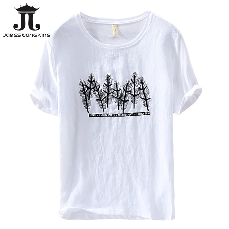 Summer t shirt men causal cotton linen short sleeve tops tee Embroidery tree round neck tshirt man Comfortable clothing 254 | Мужская