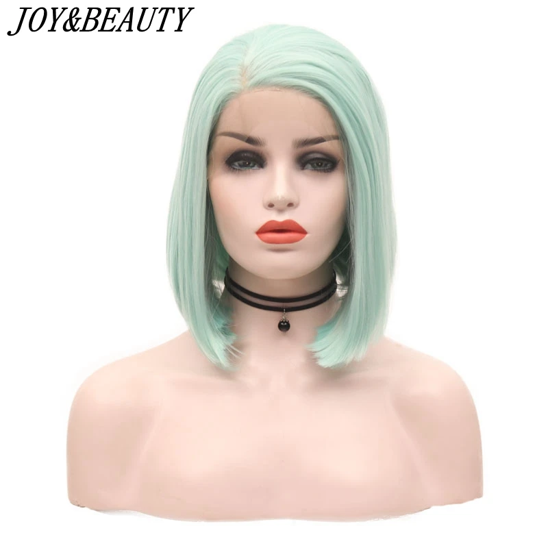 

JOY&BEAUTY Mint Green Synthetic Lace Front Wig 12inch Bob Short Straight Wig Heat Resistant Fiber for Women Wigs