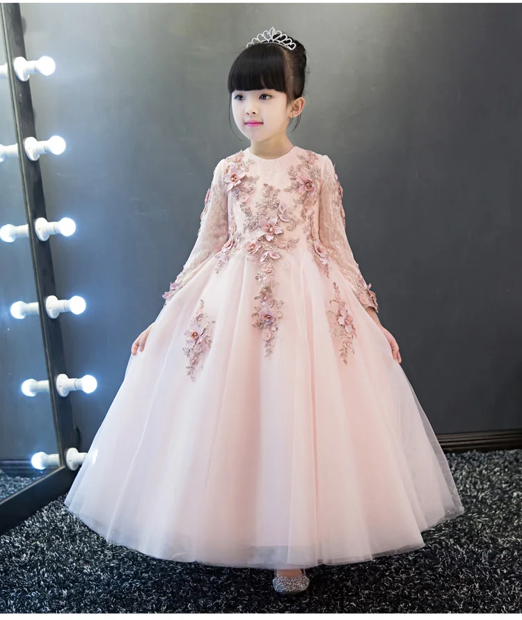 Розовое солнечное детское платье для выпускного вечера вечерние платья принцессы с длинными рукавами и длиной до щиколотки для девочек, детское платье для девочек на праздник