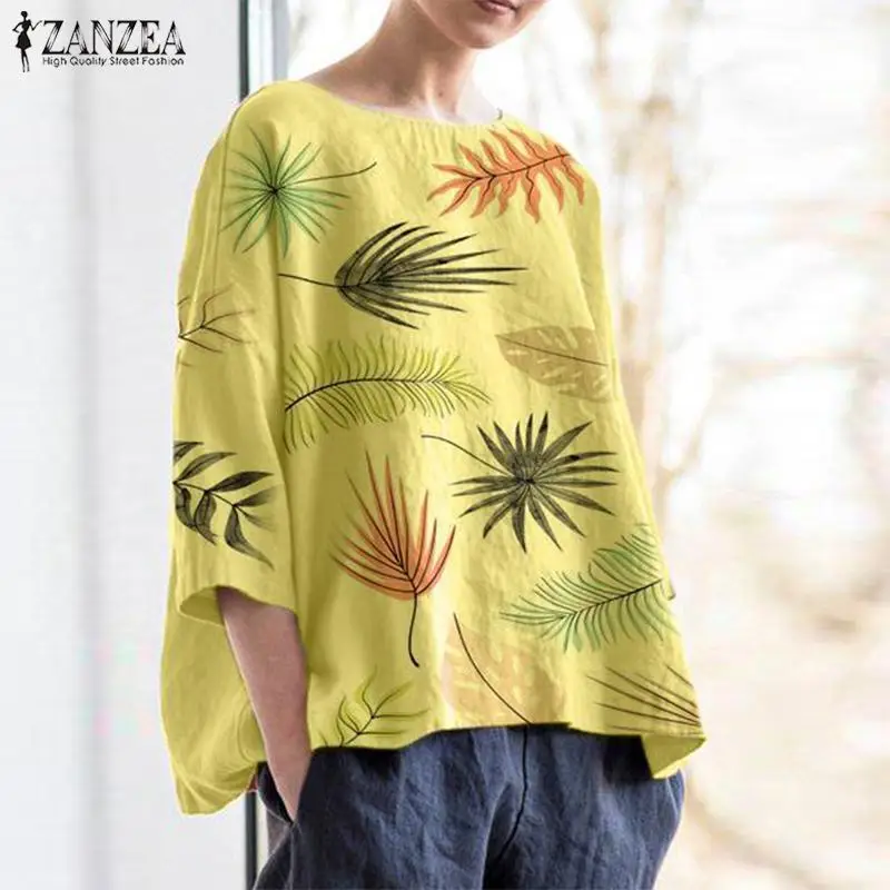 2019 زائد حجم ZANZEA الصيف بلوزة النساء عارضة 3/4 كم البوهيمي مطبوعة حزب فضفاض تونك قمم قميص الإناث قميص Blusas