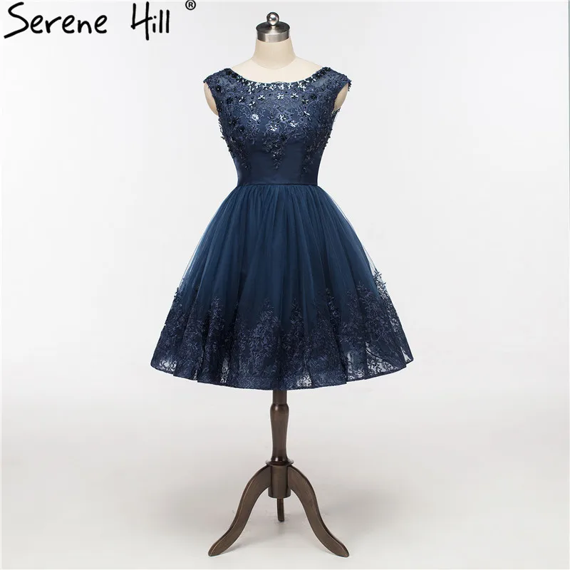 

2019 Elegant Sequins Lace Navy Blue Short Evening Dresses Sexy Low Back A-line Formal Dress Lace Up Robe De Soiree BHA2078