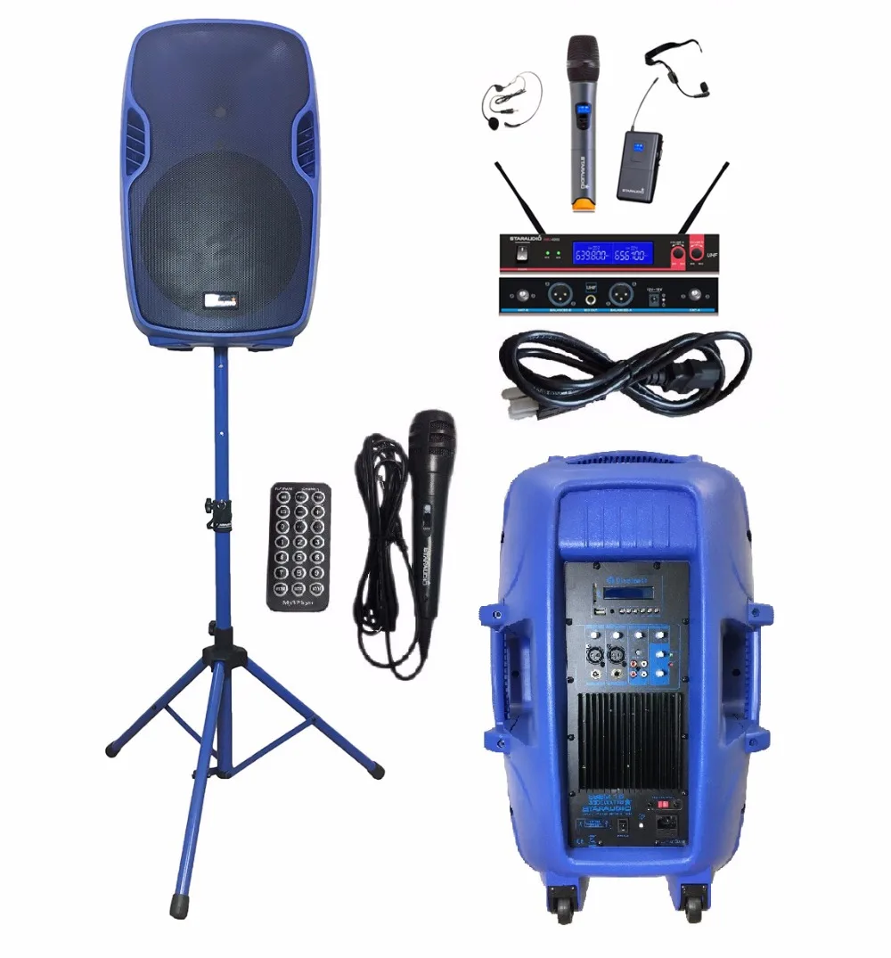 

STARAUDIO SSBM-15RGB 15" 3500W Power Active PA DJ FM USB SD BT MP3 Stage Speaker W/2CH UHF Mics Stand Wired Microphone