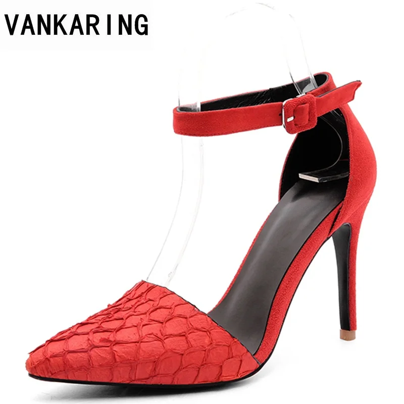 

VANKARING sexy high heels women pumps black sheep leather black red pointed toe shoes woman dress party office lady pumps