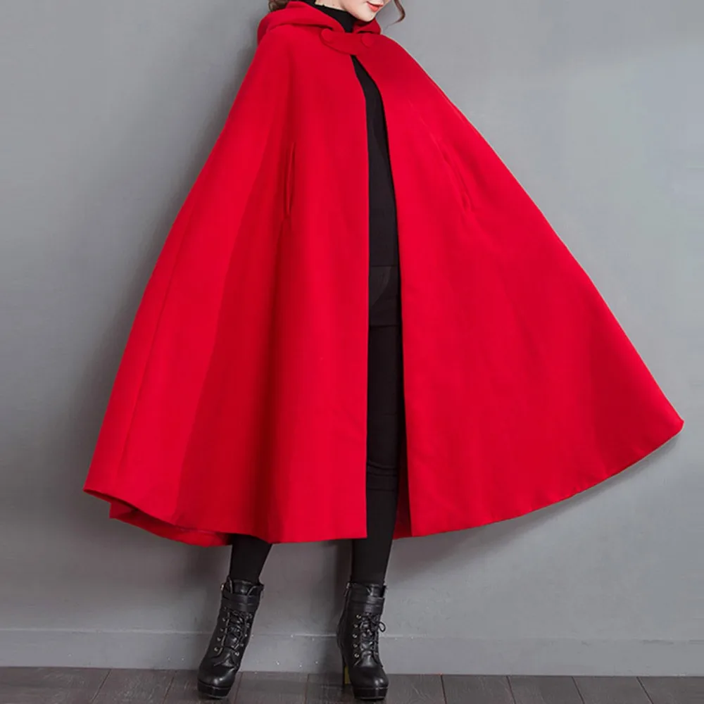 

Rosetic Women Red Cloak Poncho Women Winter Coat New Fashion Hooded Collar Woolen Overcoat Female Autumn Loose Cape Poncho Femme