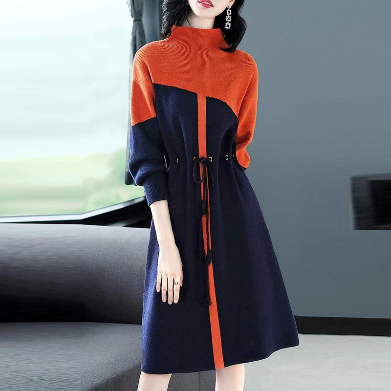 

Fall Winter Fashion Designer Women Orange Patchwork Long Sleeve Knit Sweater Dress , Woman Turtleneck Loose Pullover Dresses